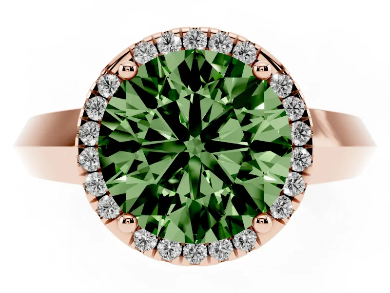 Fancy Green Round Cut Diamond Halo Ring Set in Rose gold with Cathedral Band and Prong Setting
