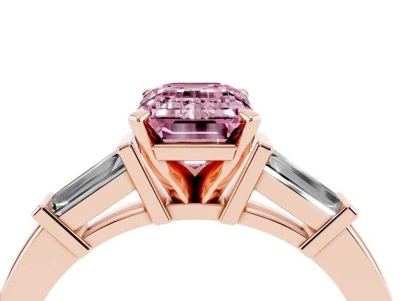 Emerald Cut Three-Stone Engagement Ring Setting for a Fancy Pink Lab-Grown Diamond | Tapered Baguettes | Rose Gold
