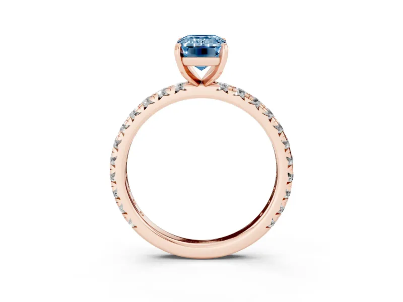 Fancy Blue Emerald Cut Diamond Pavé Solitaire Ring Set in Rose gold with Round Band and Prong Setting