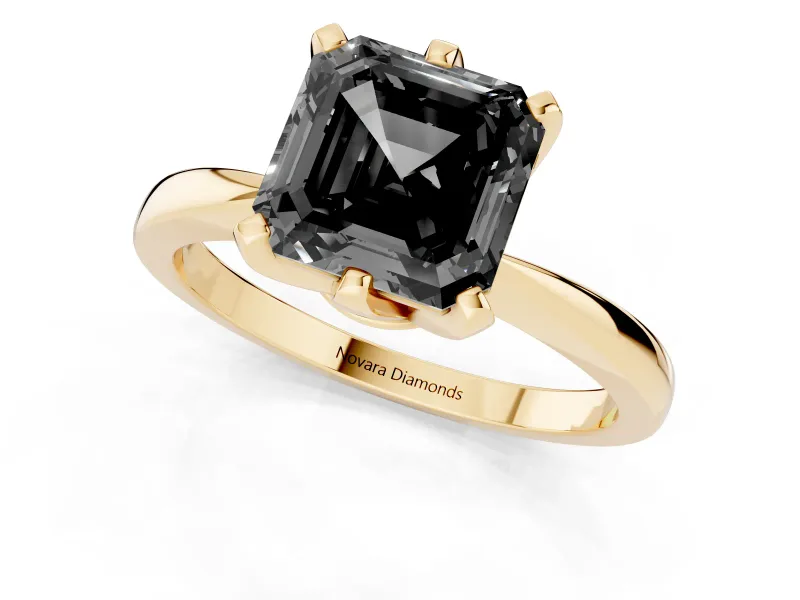 Fancy Black Asscher Cut Diamond Solitaire Engagement Ring Set in Yellow gold with Slim Tapered Solitaire Band