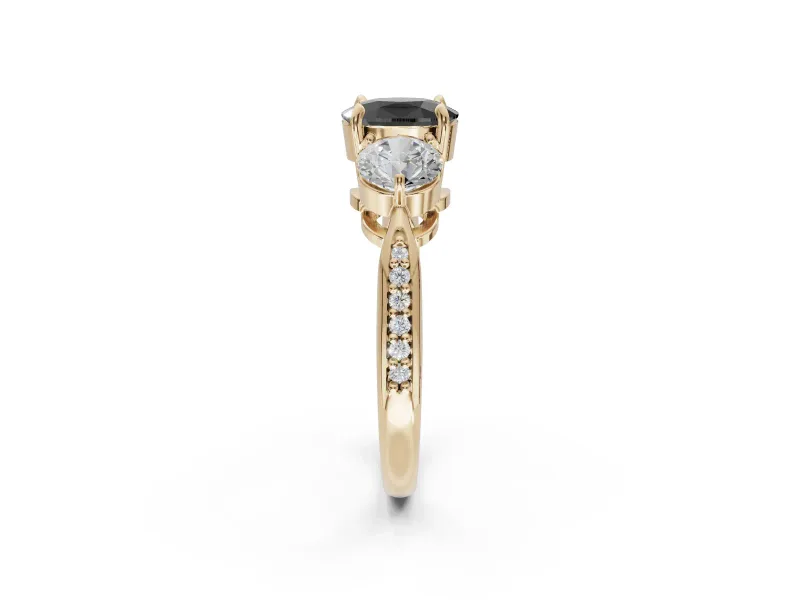 Fancy Black Cushion Cut Lab-Grown Diamond Three-Stone Ring Set in Yellow Gold with Channel-Set Band and Prong Setting