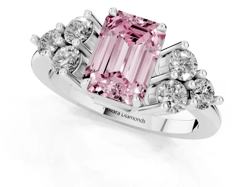 Fancy Pink Emerald Cut Diamond Solitaire Ring Set in Platinum with Cluster Accents on Each Side