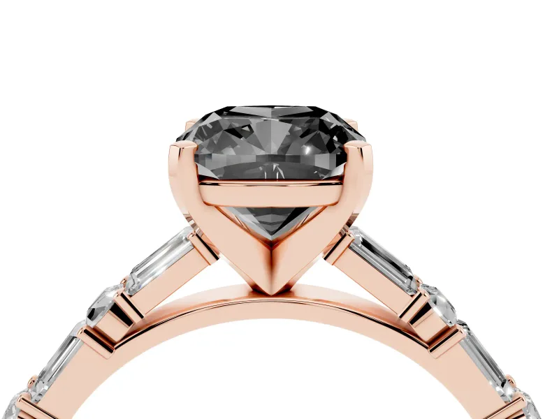 Fancy Black Cushion Cut Diamond Solitaire Set in Rose gold with Side Baguettes and Channel Set Band