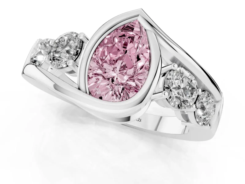 Fancy Pink Pear Cut Diamond Bezel Bypass Ring Set in White gold with Round Accents