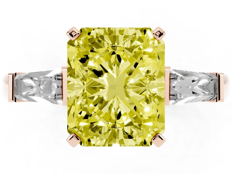 Fancy Yellow Radiant Cut Diamond Solitaire Ring Set in Rose gold with Tapered Baguette Side Stones and Prong Setting