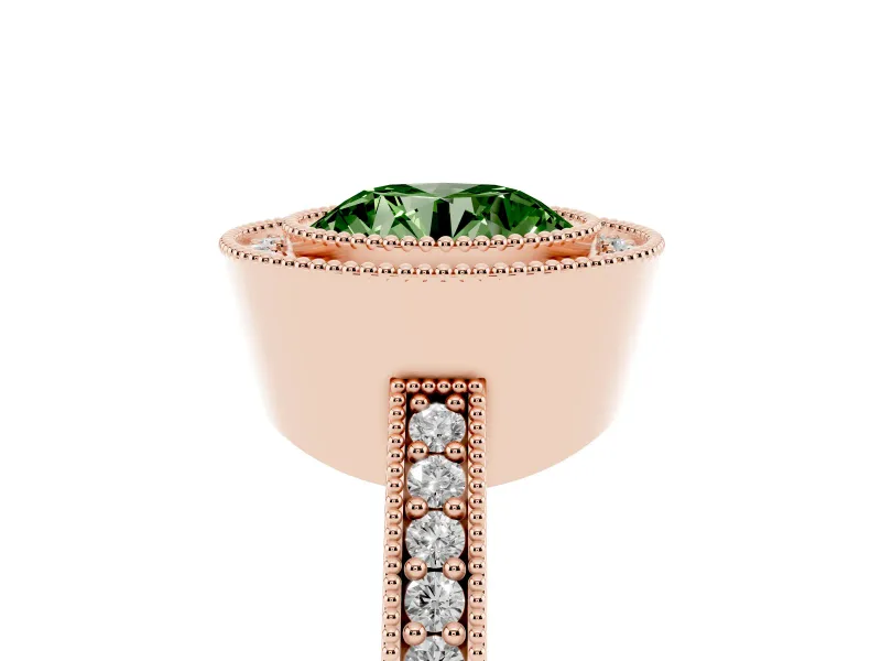 Fancy Green Round Cut Diamond Halo Engagement Ring Set in Rose gold with Pavé Band and Round Halo Stones