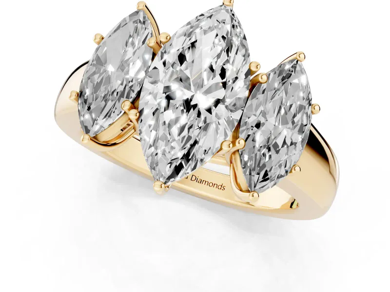 Three-Stone Marquise Cut Diamond Ring Set in Yellow gold with Matching Prong Settings and Plain Band