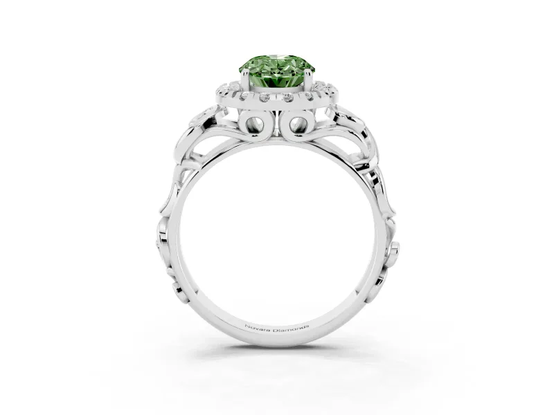 Fancy Green Oval Cut Diamond Halo Ring Set in Platinum with Scrollwork Band and Prong Setting