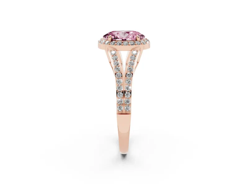 Oval Halo Engagement Ring Setting for a Fancy Pink Lab-Grown Diamond | V-Split Pavé Band | Rose Gold