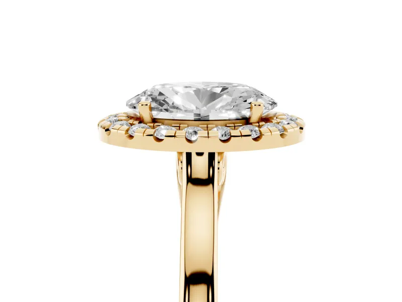 Oval Cut Halo Round Diamond Solitaire Ring Set in Yellow gold with Pavé Band and Prong Setting