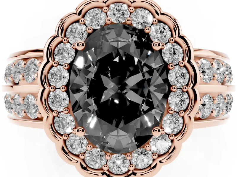 Oval Scalloped Halo Engagement Ring Setting for a Black Center | Double Row Band | Rose Gold