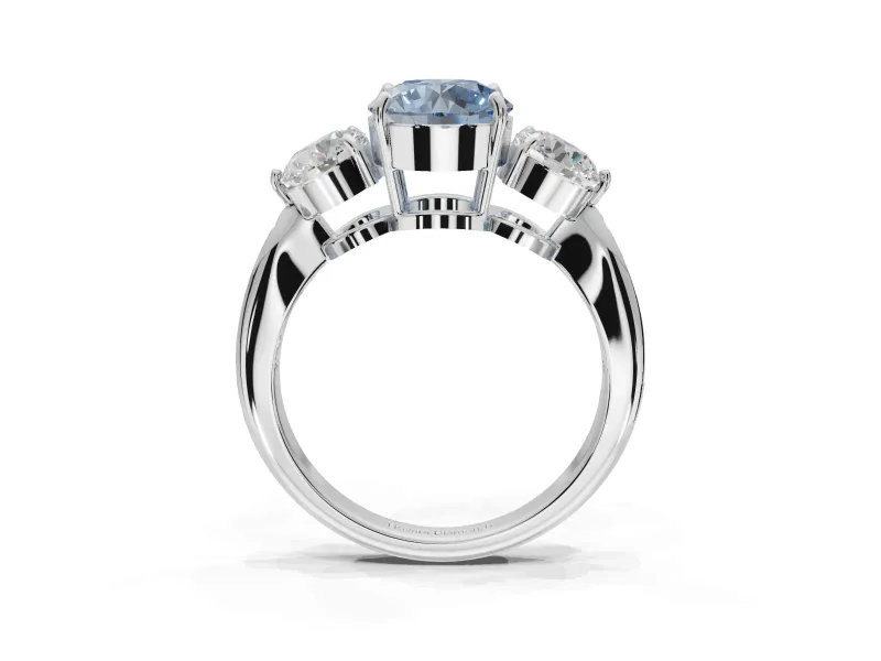 Round Three Stone Engagement Ring Setting for a Fancy Blue Lab-Grown Diamond | Tapered Pave Band | Platinum