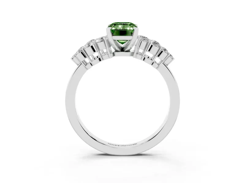 Fancy Green Emerald Cut Diamond Cluster Engagement Ring Set in White gold with Pavé Band and Prong Setting