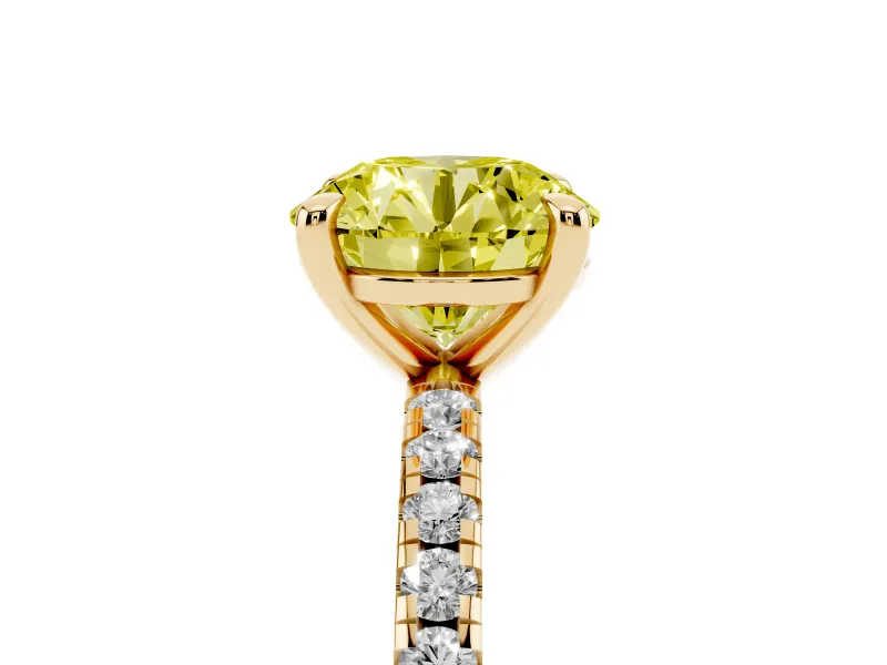 Fancy Yellow Round Cut Diamond Brilliant Solitaire Ring Set in Yellow gold with Pavé Band and Prong Setting