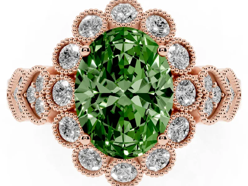 Oval Scalloped Halo Engagement Ring Setting for a Fancy Green Lab-Grown Diamond | Heart Pavé Band | Rose Gold
