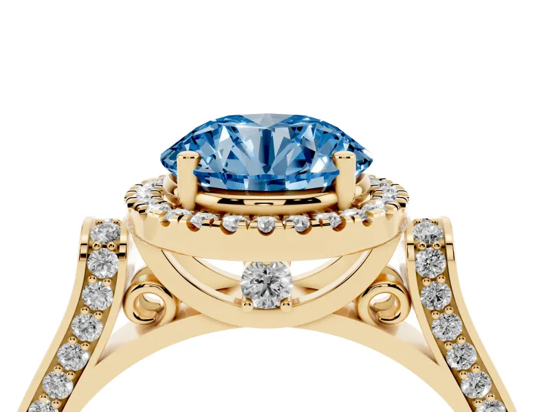 Round Pavé Halo Engagement Ring Setting for a Fancy Blue Lab-Grown Diamond | Yellow Gold