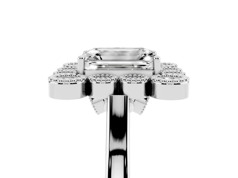 Emerald Cut Vintage Milgrain Bezel Cluster Halo Engagement Ring Setting | Plain Band | White Gold