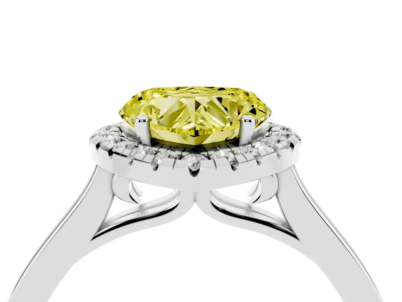 Fancy Yellow Heart Cut Halo Round Diamond Solitaire Ring Set in Platinum with Pavé Band and Prong Setting
