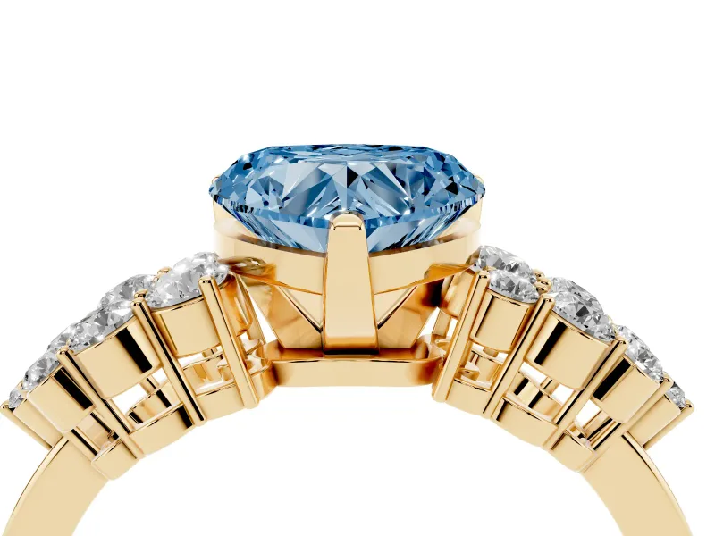 Heart-Shaped Side Stone Engagement Ring Setting for a Fancy Blue Lab-Grown Diamond | Shoulder Clusters | Yellow Gold
