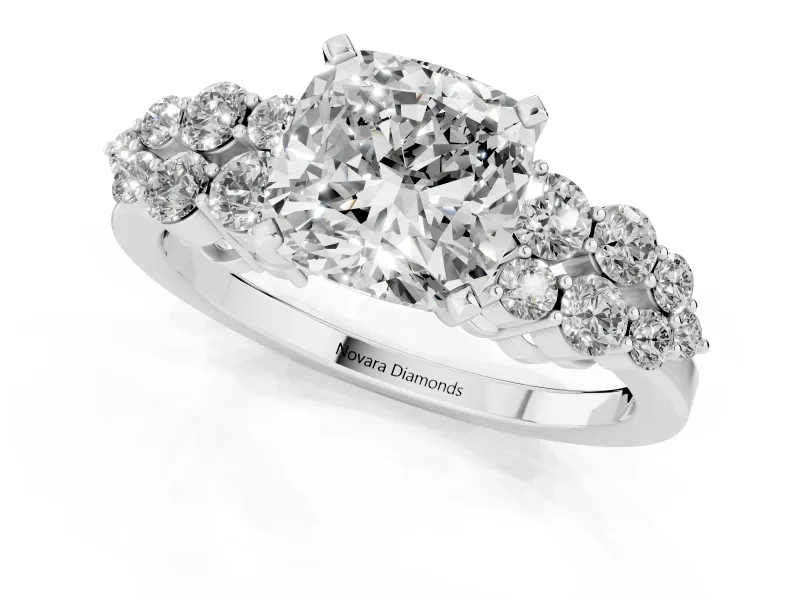 Cushion Cut Diamond Cluster Engagement Ring Set in Silver with Pavé Band and Prong Setting