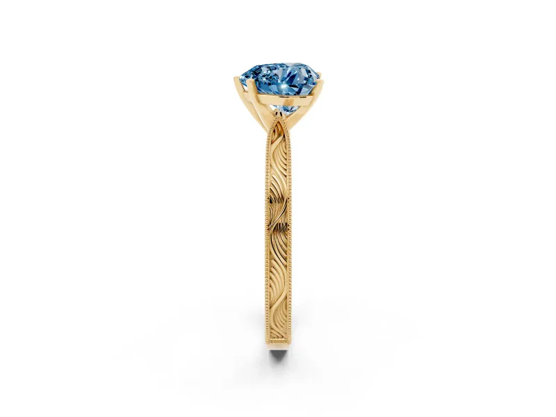 Fancy Blue Heart Cut Diamond Solitaire Milgrain Engraved Band Set in Yellow gold with Prong Setting