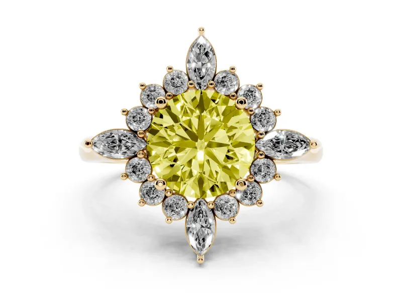 Fancy Yellow Round Cut Diamond Cluster Halo Ring Set in Yellow gold with Marquise and Round Accents