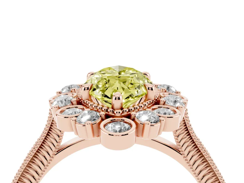 Fancy Yellow Marquise Cut Diamond Halo Milgrain Pavé Ring Set in Rose gold with Prong Setting