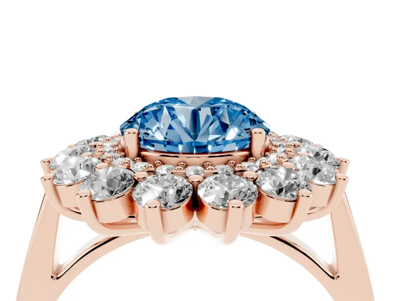 Round Floral Double Halo Engagement Ring Setting for a Fancy Blue Lab-Grown Diamond | Plain Band | Rose Gold