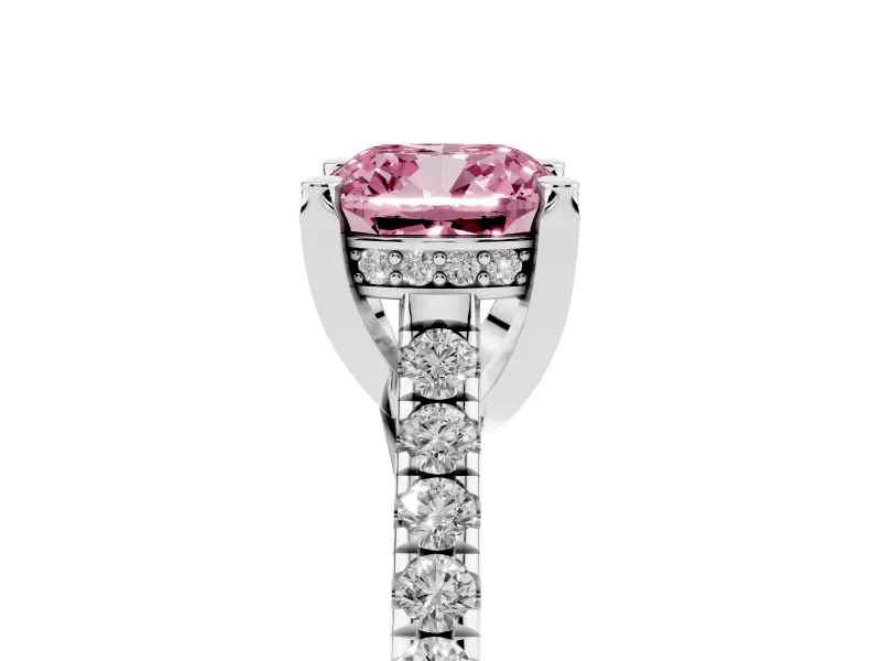 Fancy Pink Cushion Cut Diamond Solitaire Ring Set in Silver with Brilliant Pavé Band and Prong Setting
