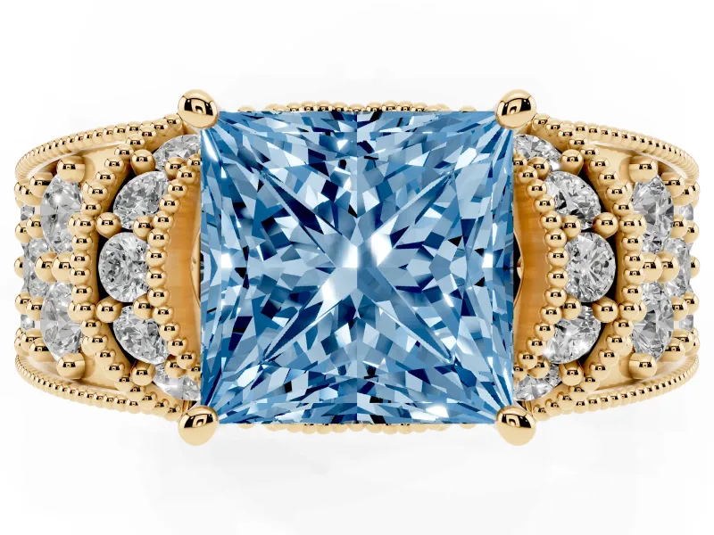 Princess Cut Vintage Pave Engagement Ring Setting for a Fancy Blue Lab-Grown Diamond | Milgrain Edges | Yellow Gold