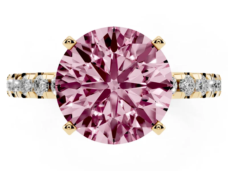 Round Hidden Halo Solitaire Engagement Ring Setting for a Fancy Pink Lab-Grown Diamond | Pave Band | Yellow Gold