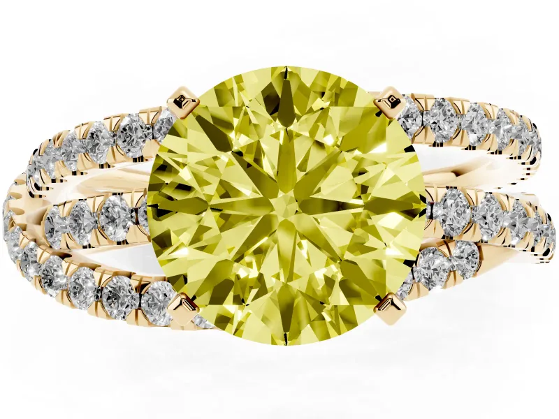 Fancy Yellow Round Cut Diamond Solitaire Twist Band Ring Set in Yellow gold with Pavé Setting and Prong Head