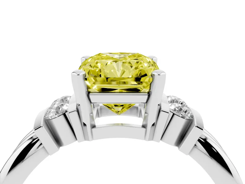 Fancy Yellow Three-Stone Radiant Cut Diamond Channel Set Ring Set in Platinum with Bar Prongs