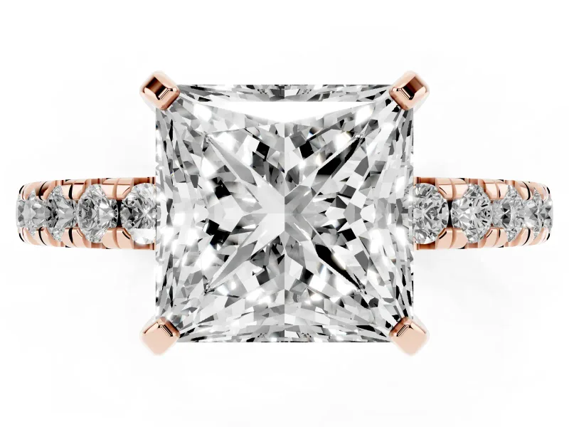 Princess Cut Pavé Solitaire Engagement Ring Setting | Shared Prong Band | Rose Gold