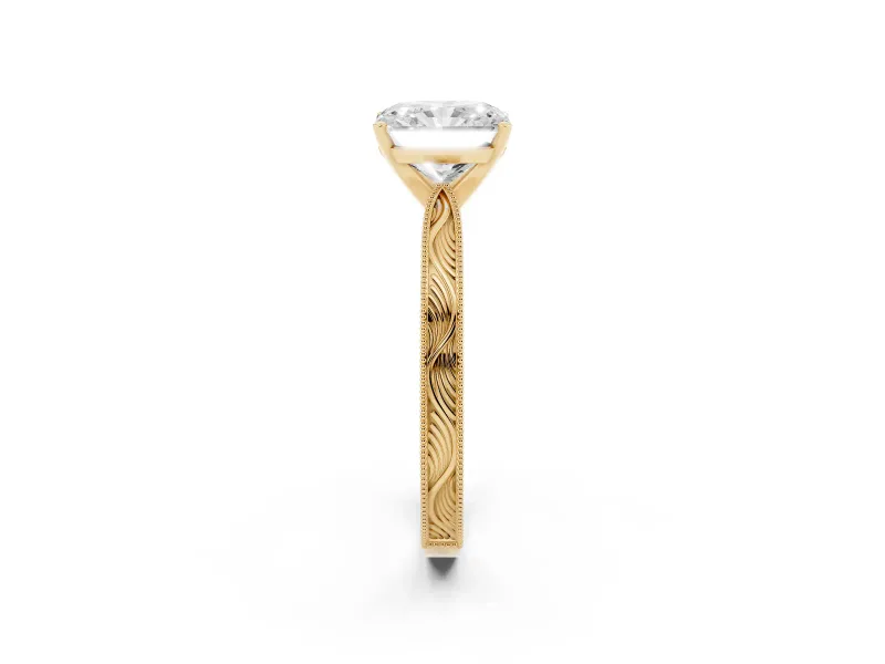 Radiant Cut Diamond Solitaire Milgrain Engraved Band Set in Yellow gold with Prong Setting
