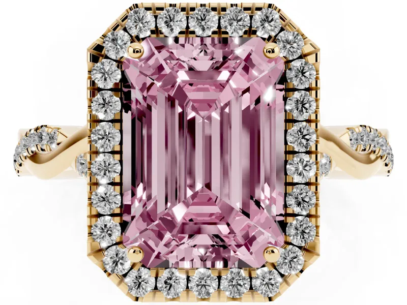 Emerald Cut Twist Halo Engagement Ring Setting for a Fancy Pink Lab-Grown Diamond | Yellow Gold