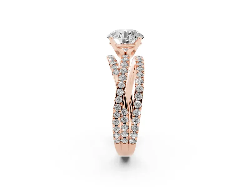 Round Cut Diamond Solitaire Twist Band Ring Set in Rose gold with Pavé Setting and Prong Head