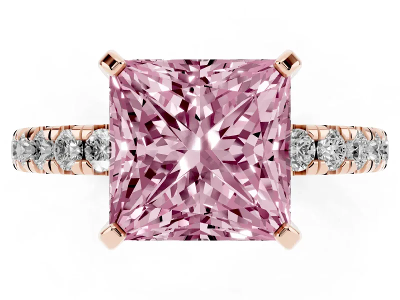 Fancy Pink Princess Cut Diamond Pavé Solitaire Ring Set in Rose gold with Round Band and Prong Setting