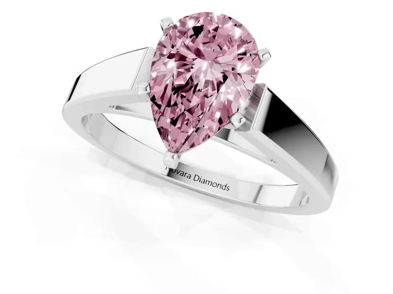 Fancy Pink Pear Cut Diamond Solitaire Engagement Ring Set in Platinum with Prong Setting and Tapered Band