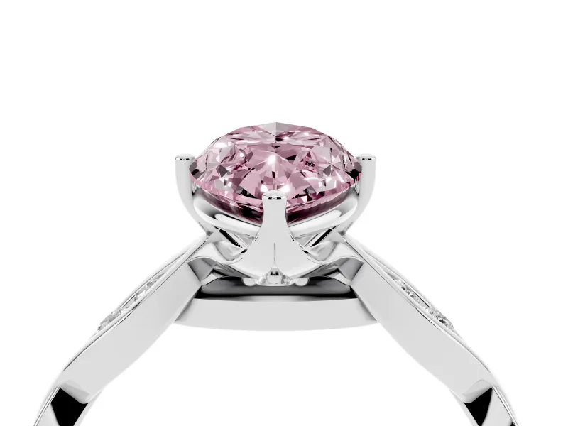 Fancy Pink Marquise Cut Diamond Twist Band Solitaire Ring Set in Silver with Leaf Prong Setting and Accent Stones