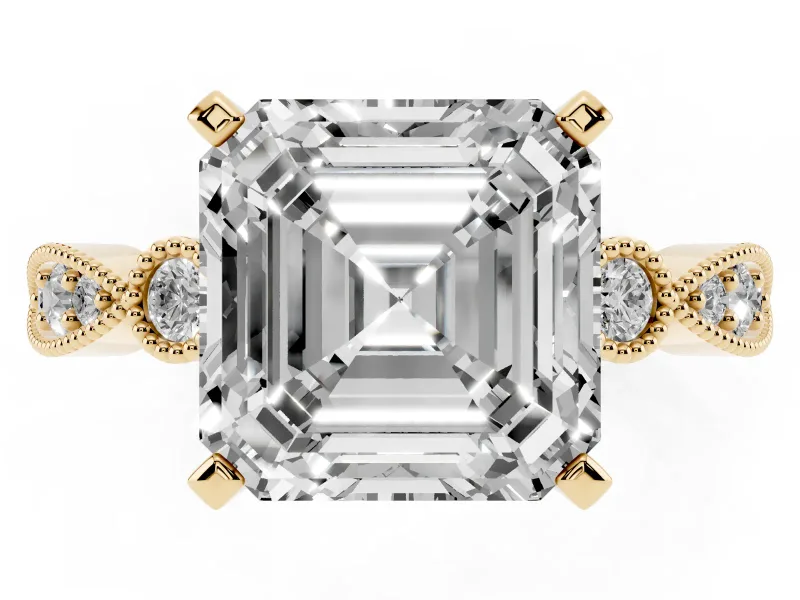 Asscher Cut Diamond Solitaire Engagement Ring Set in Yellow gold with Milgrain Bezel Accent Band