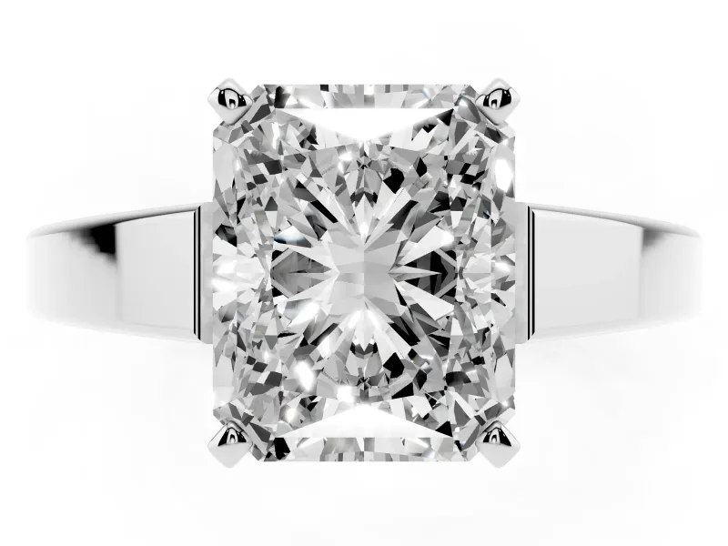 Radiant Cut Diamond Solitaire Engagement Ring Set in White gold with Prong Setting and Tapered Band