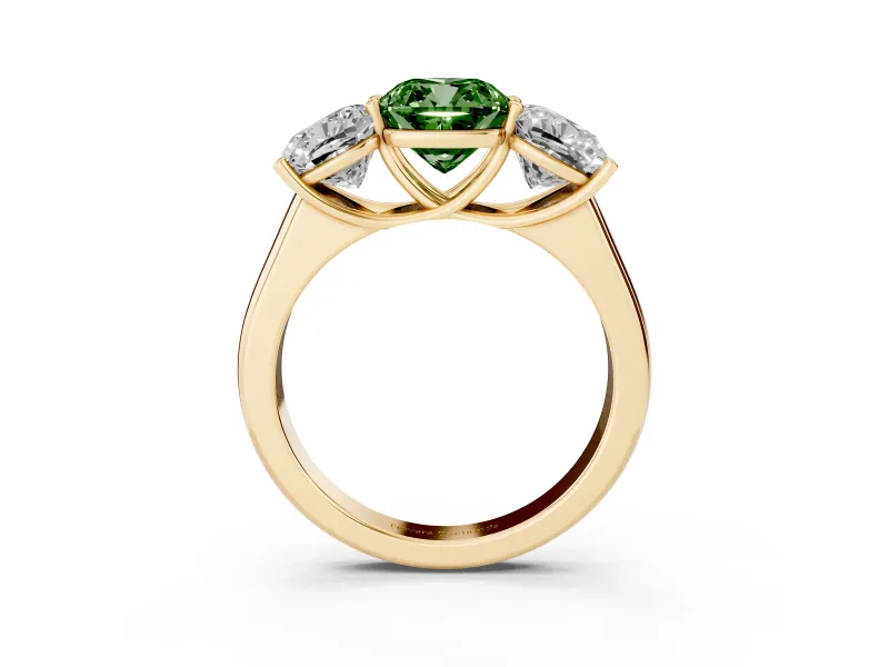 Cushion Cut Three Stone Engagement Ring Setting for a Fancy Green Lab-Grown Diamond | Basket Prong Heads | Yellow Gold