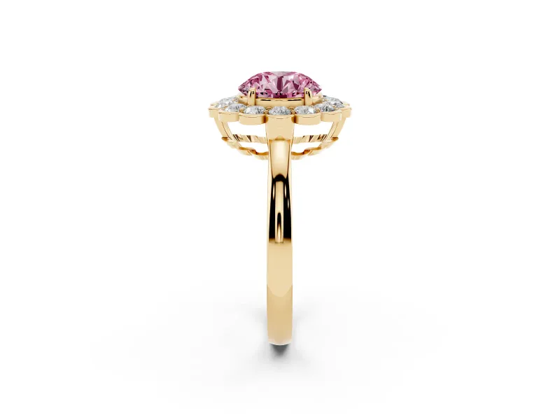 Round Scalloped Cluster Halo Engagement Ring Setting for a Fancy Pink Lab-Grown Diamond | Plain Band | Yellow Gold