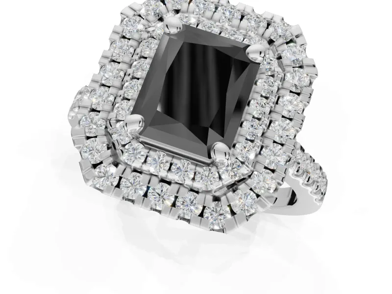 Fancy Black Radiant Cut Lab-Grown Diamond Double Halo Statement Ring Set in Sterling Silver with Pavé Band