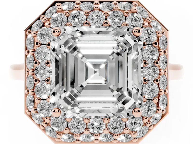 Asscher Cut Diamond Halo Engagement Ring Set in Rose gold with Solitaire Band and Prong Setting
