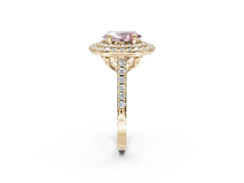 Fancy Pink Oval Lab-Grown Diamond Double Halo Statement Ring Set in Yellow Gold with Pavé Band