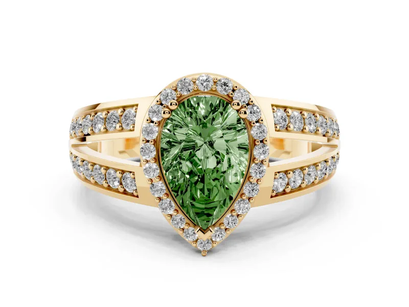 Fancy Green Pear Cut Diamond Halo Ring Set in Yellow gold with Double Pavé Split Shank