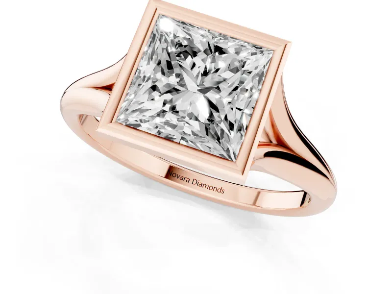 Princess Cut Bezel Solitaire Engagement Ring Setting | V Split Shank | Rose Gold