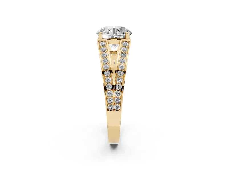 Round Split Shank Pavé Engagement Ring Setting | Engraved Leaf Sides | Yellow Gold